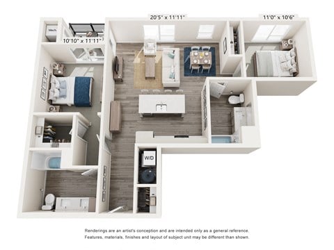 Floor plan for 2 beds, 2 baths, 1087 sqft